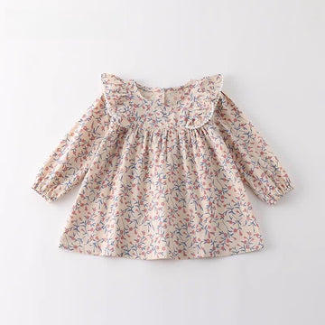 Toddler Girl Retro Flower Crew Neck Lace Trim Dress