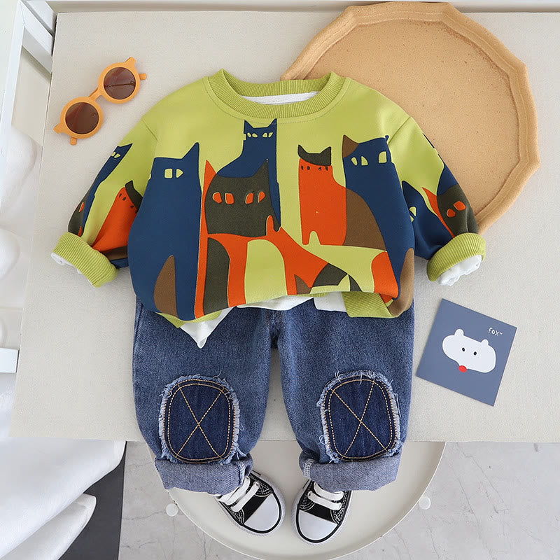 Toddler Color Block Cat Denim Patch 2 Pieces Set