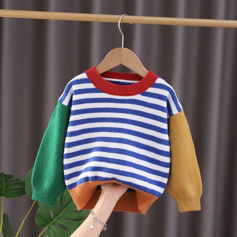 Toddler Color Block Striped Contrast Sleeves Sweater