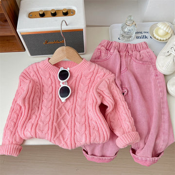 Toddler Girl Solid Color Knitted Pink Sweater