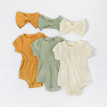 Baby Solid Color Ribbed Newborn Bodysuit with Headband