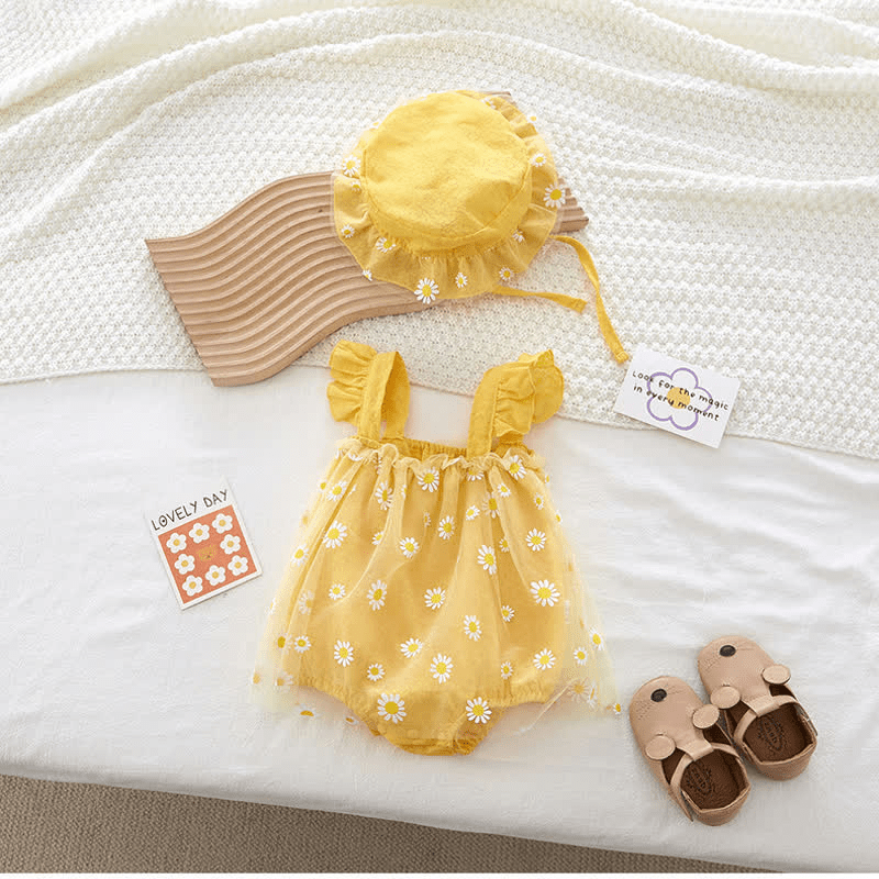 Baby Daisy Sleeveless Tutu Bodysuit with Hat