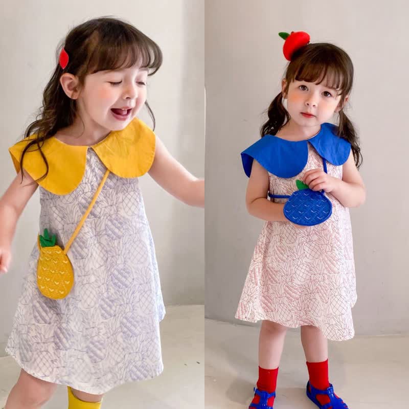 Toddler Girl Pineapple Lapel Dress with Bag