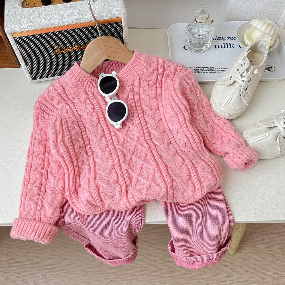 Toddler Girl Solid Color Knitted Pink Sweater