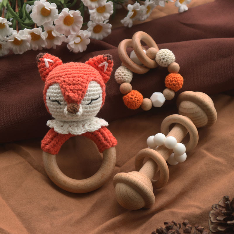 Baby Wooden Crochet Fox Rattle Toy