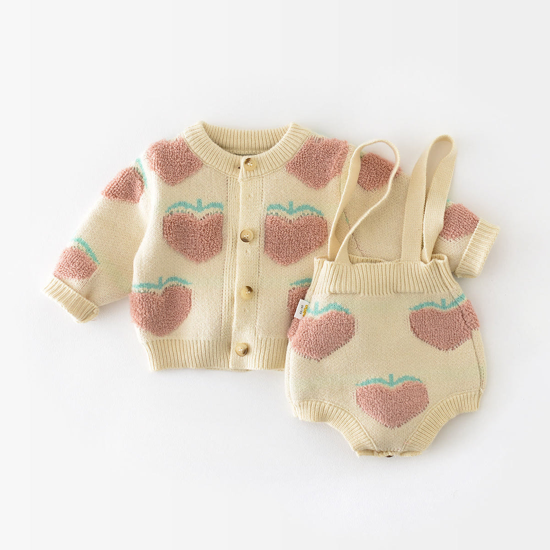 Baby Peach Heart Cardigan Overalls 2 Pieces Set