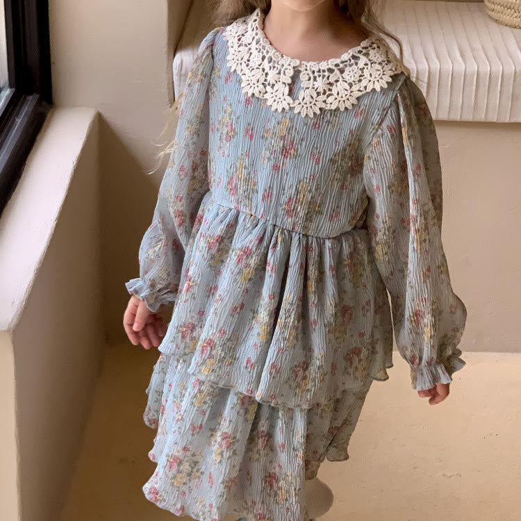 Toddler Girl Lace Lapels Flower Blue Sweet Dress