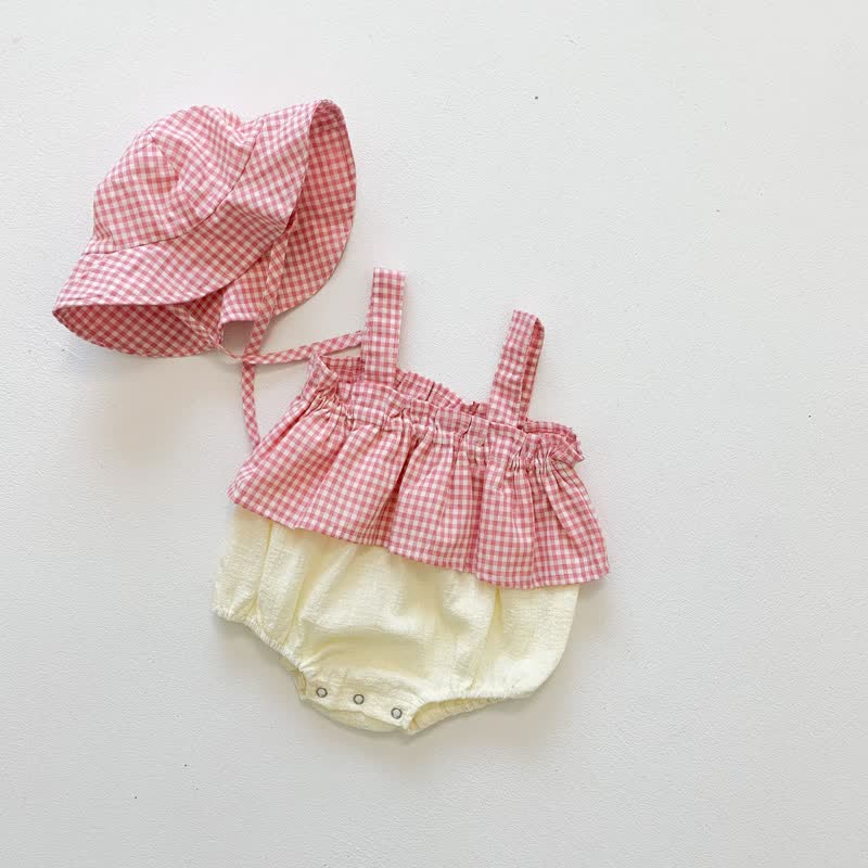 Baby Plaid Layered Strap Bodysuit with Hat