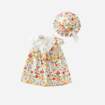 Baby Flower Lace Ruffled Dress with Hat