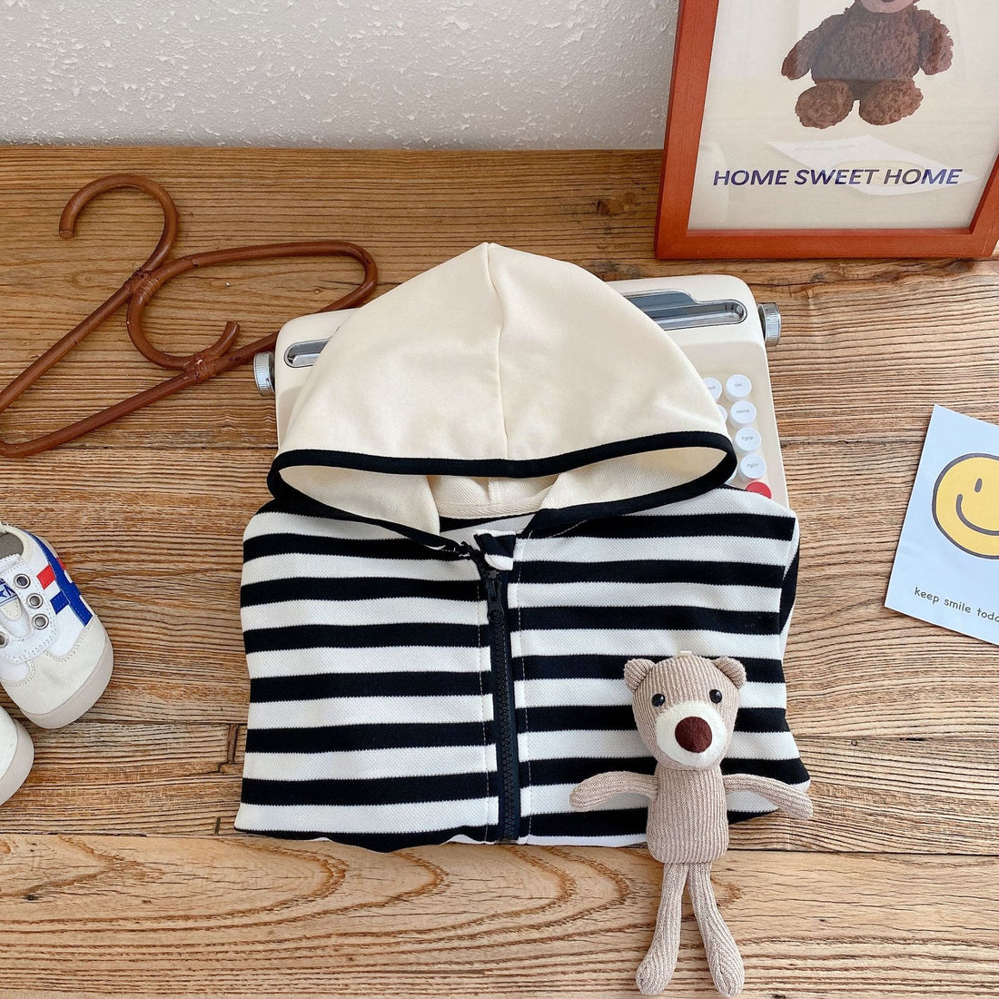 Toddler Striped Hooded Coat with Bear Doll