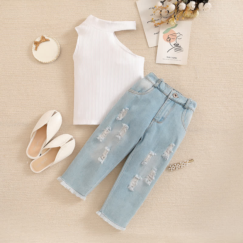 Toddler Girl Off Shoulder Shirt and Jeans Set