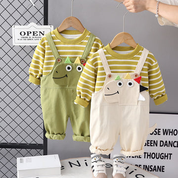 Toddler Dino Overalls and Striped Tee Set