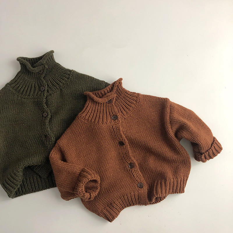 Toddler Button Solid Color High Collar Knitted Sweater