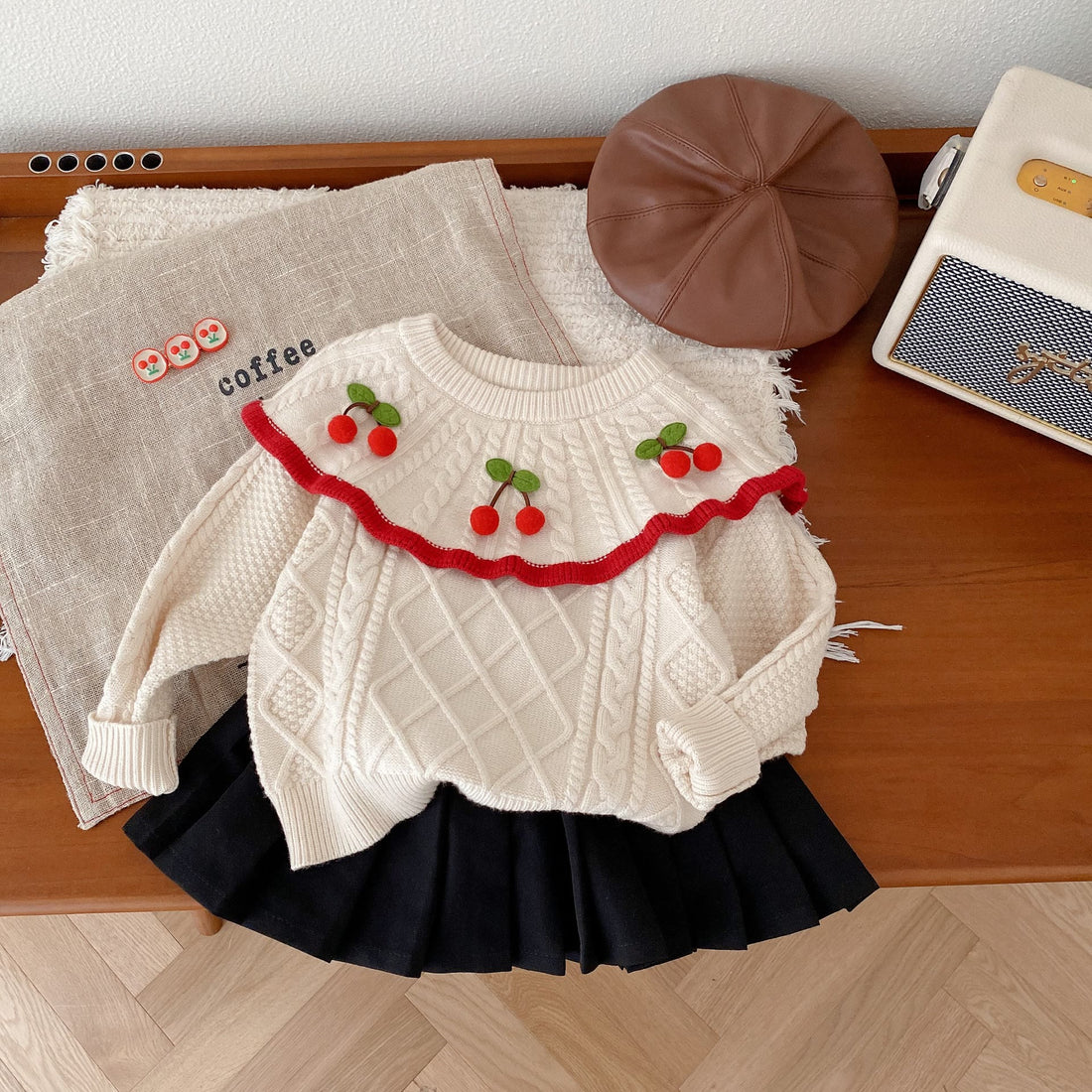 Toddler Girl 3D Cherry Beige Shawl Collar Sweater