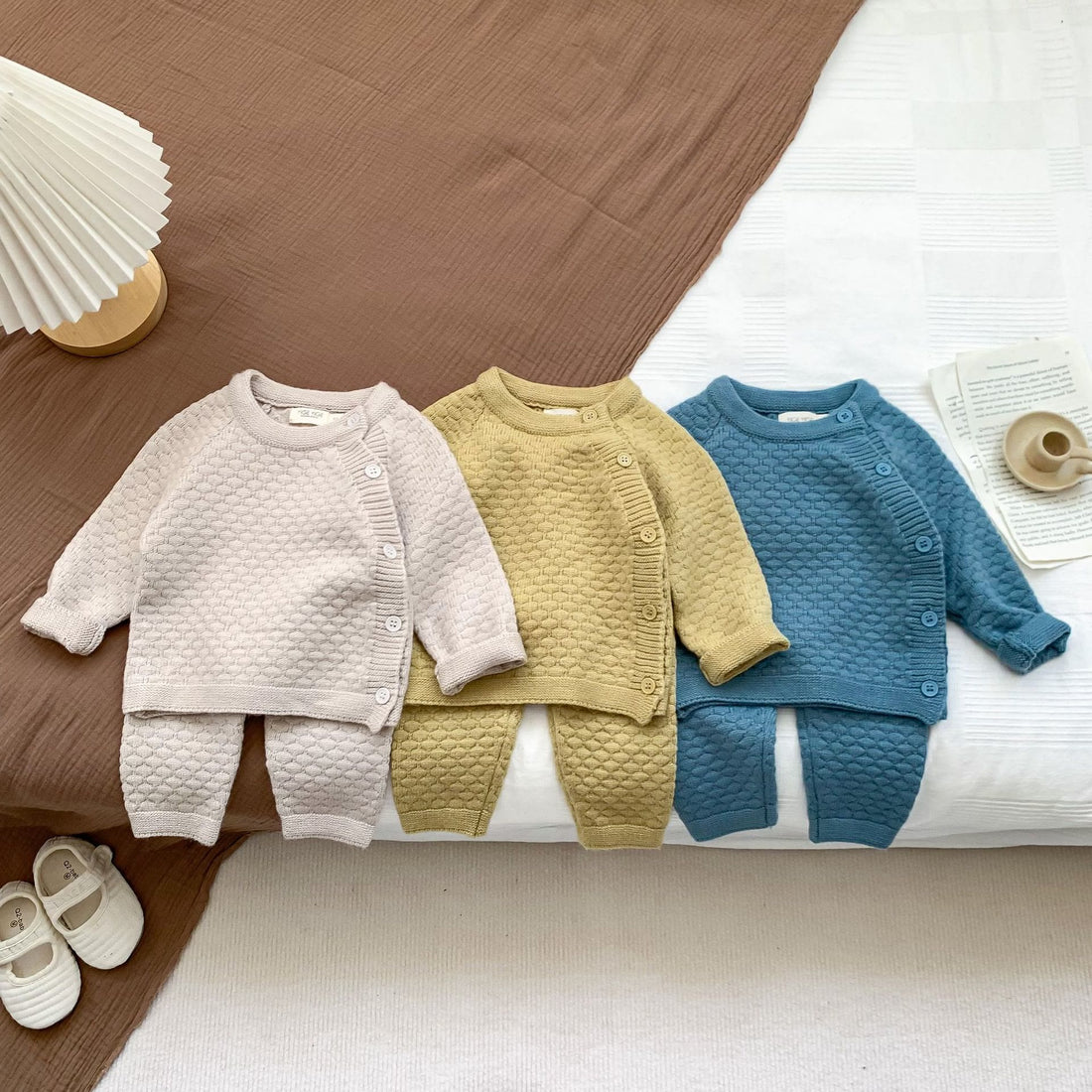 Baby Solid Color Knitted Button 2 Pieces Set