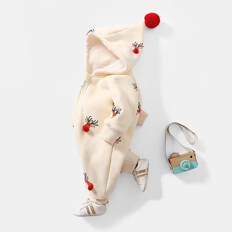 Baby Beige Deer Hooded Warm Romper