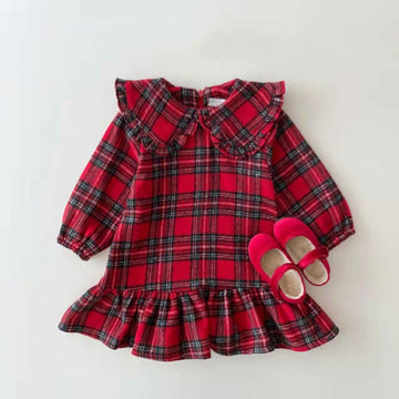 Toddler Girl Red Plaid Lapels Dress