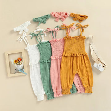 Baby Solid Color Linen Jumpsuit with Headband