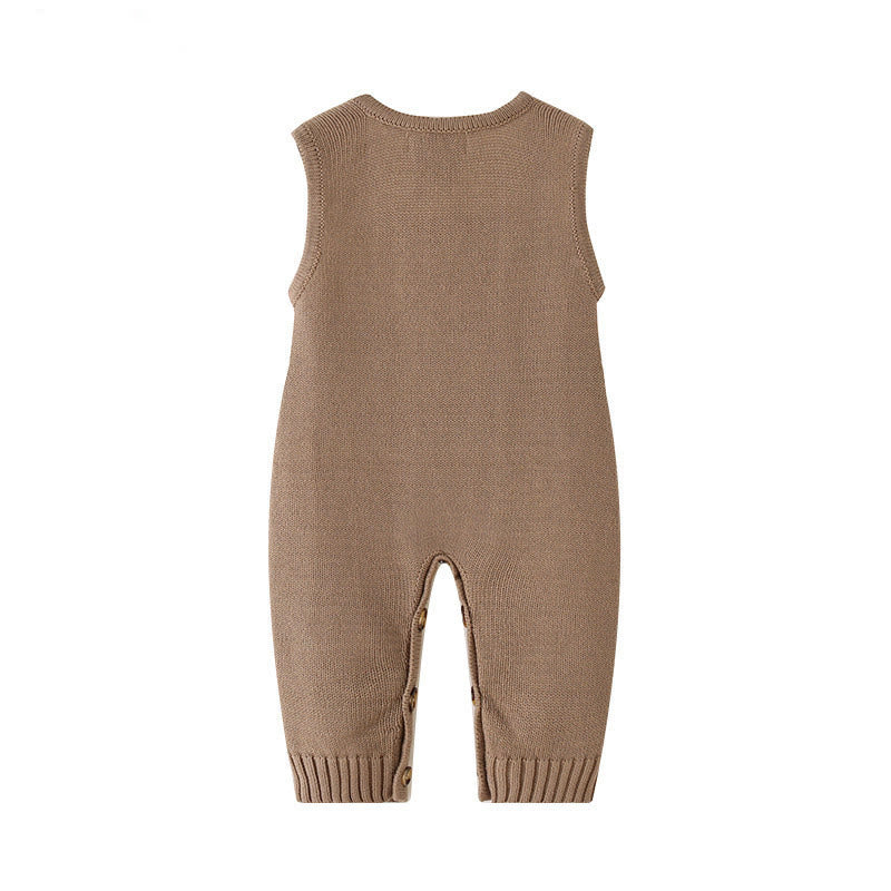 Baby Brown Diamond Solid Color Knitted Overalls