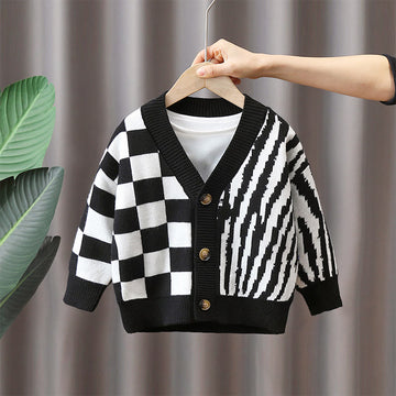 Toddler Boy Black Plaid Zebra-striped Knitted Cardigan