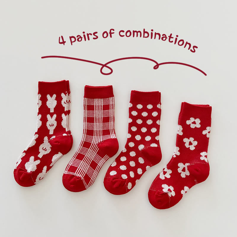 4 Pairs Baby Red Animal Striped Floor Socks