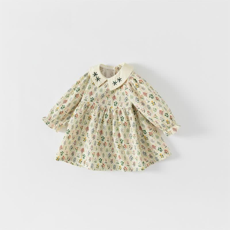 Toddler Girl Retro Flower Puff Sleeves Lapel Collar Dress