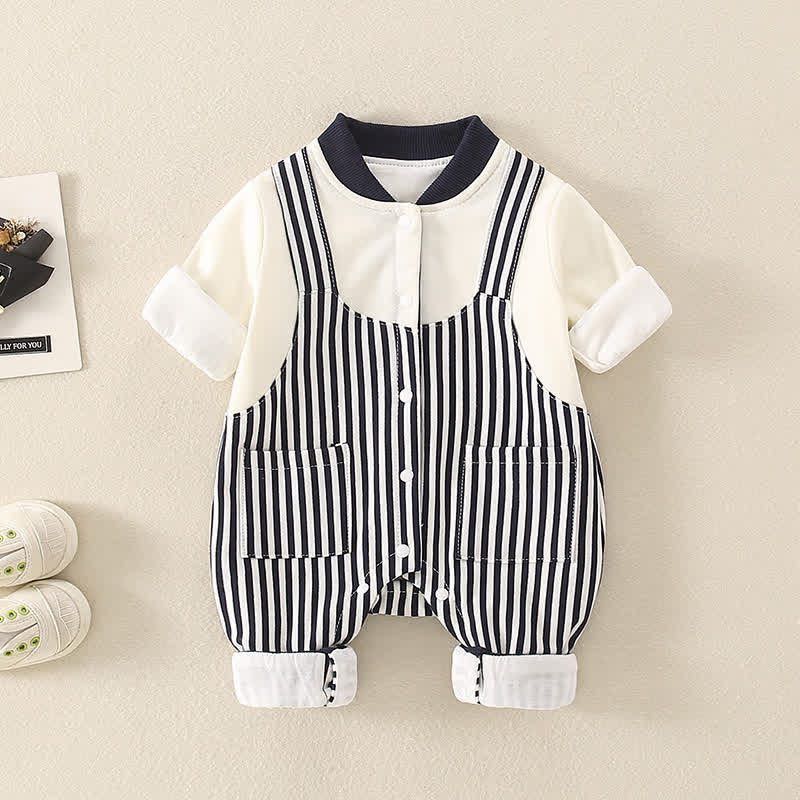 Baby Striped Splicing Crew Neck Romper