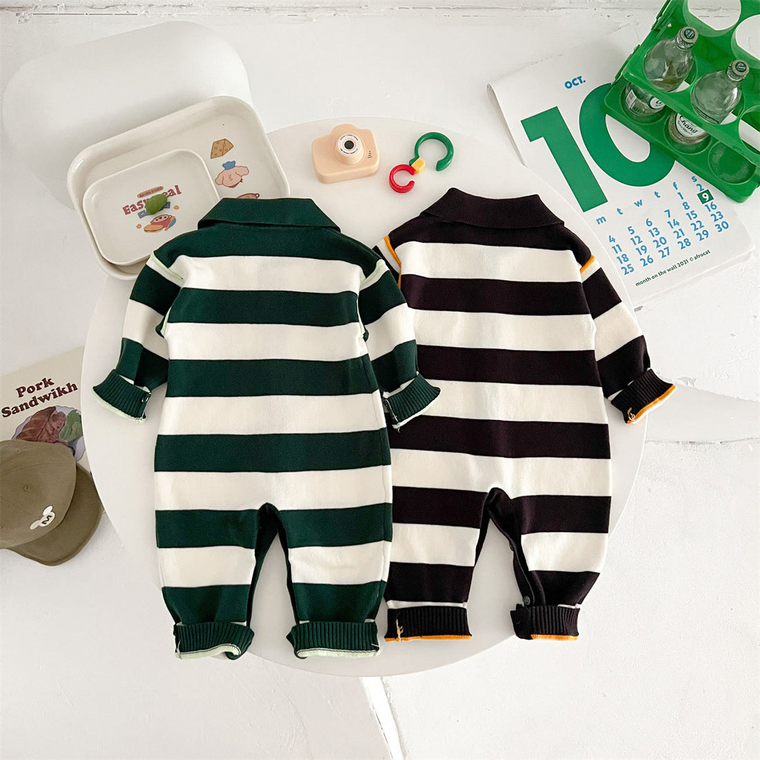 Baby Cartoon Bear Striped Lapels Knitted Romper