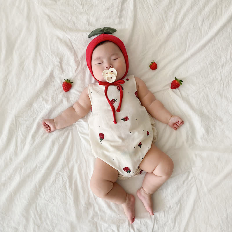 Baby Strawberry Sleeveless Bodysuit with Hat