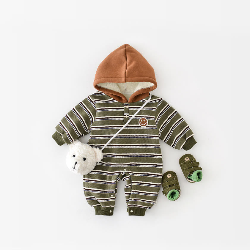 Baby Smile Green Striped Fleece Lined Hooded Romper