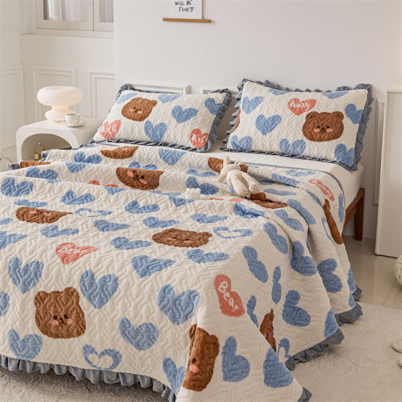 Quilted Heart Bear Thick 3 Pieces Bedding Set