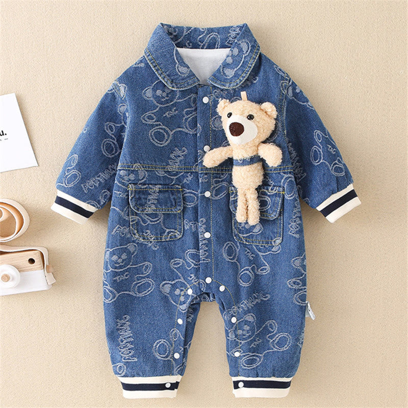 Baby Blue Denim Collar Romper with Bear Doll