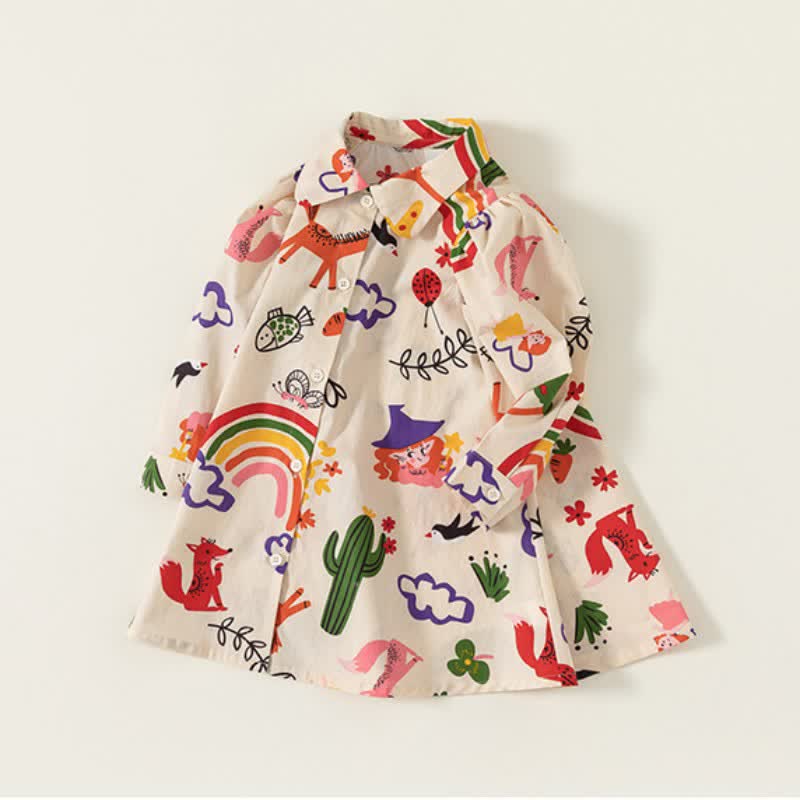 Toddler Girl Rainbow Cactus Lapel Collar Dress