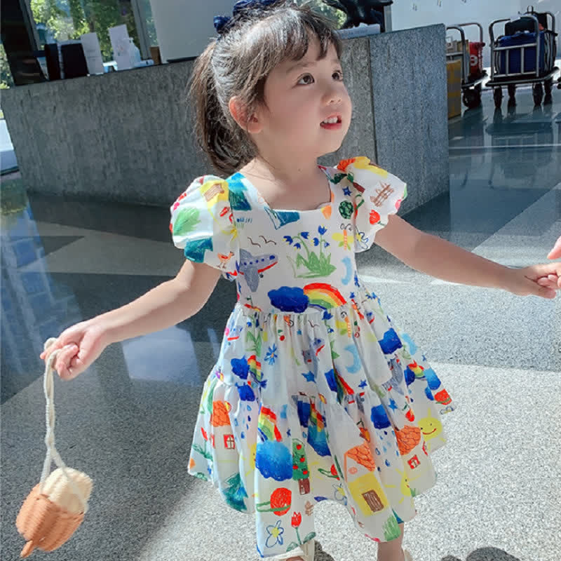 Toddler Girl Puff Sleeve Graffiti A Line Dress