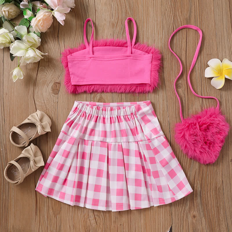 Toddler Girl Plush Camisole Plaid Skirt with Bag