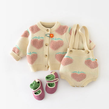 Baby Peach Heart Cardigan Overalls 2 Pieces Set