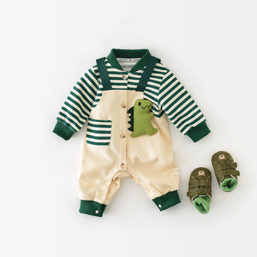 Baby Dinosaur Green Striped Fake 2 Pieces Romper