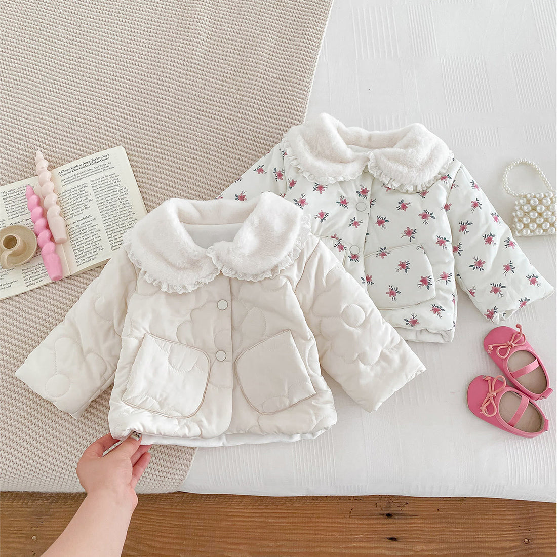 Baby Fleece Floral Lace Lapels Coat