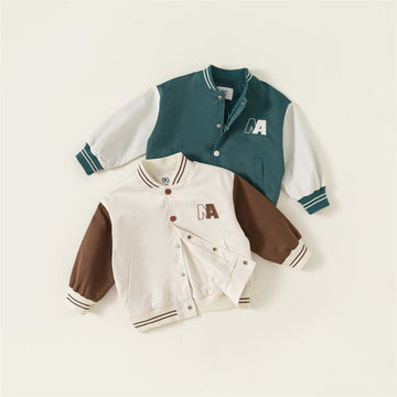 A Toddler Contrast Sleeves Button Letter Baseball Coat