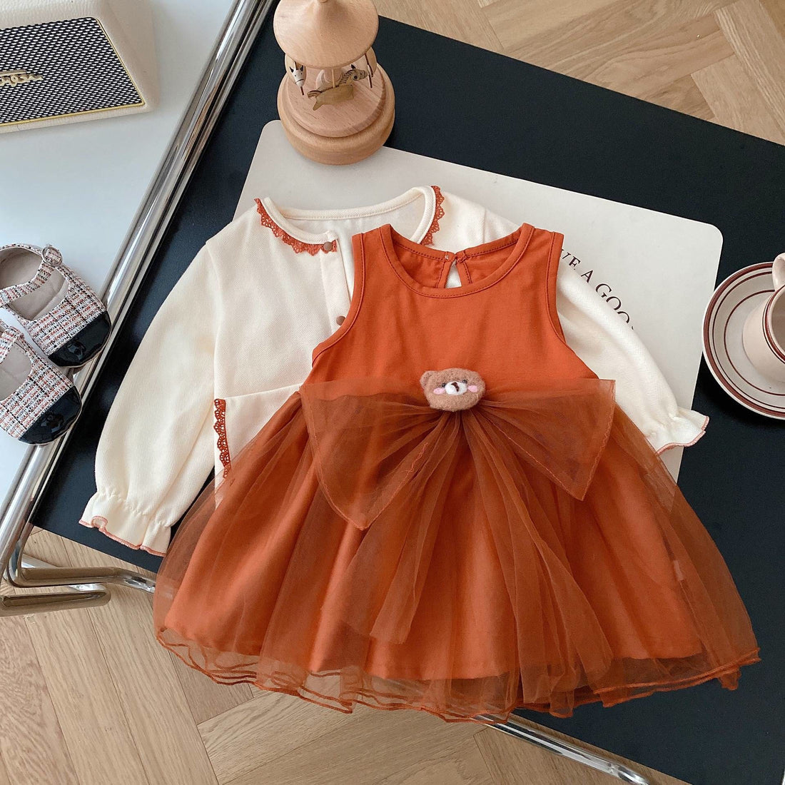 Toddler Girl Bear Sleeveless Orange Tulle Dress