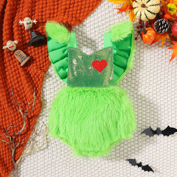 Baby Girl Fleece Flying Sleeves Heart Green Bodysuit