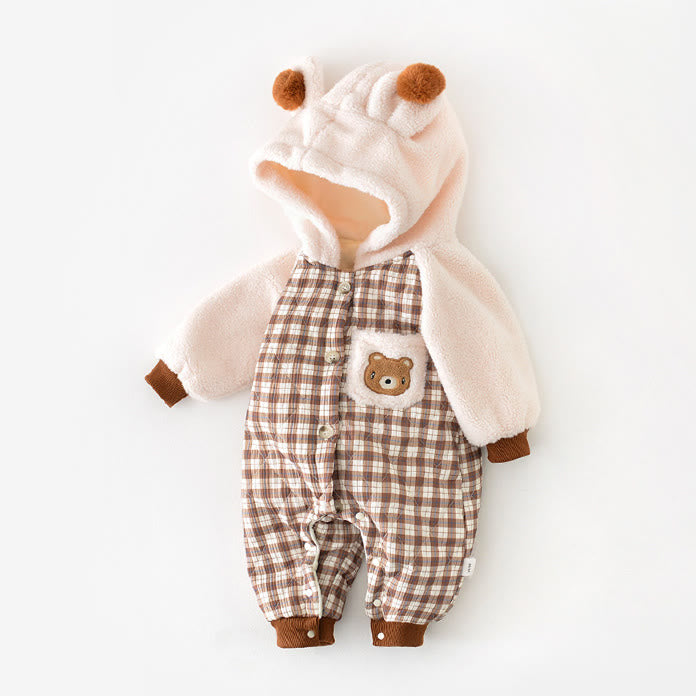 Baby Plaid Bear Fleece Hooded Romper