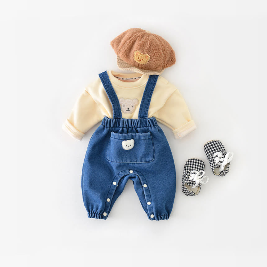 Baby Cute Bear Denim Blue Fleece Lined Overalls