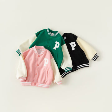 P Toddler Contrast Sleeves Letter Baseball Coat