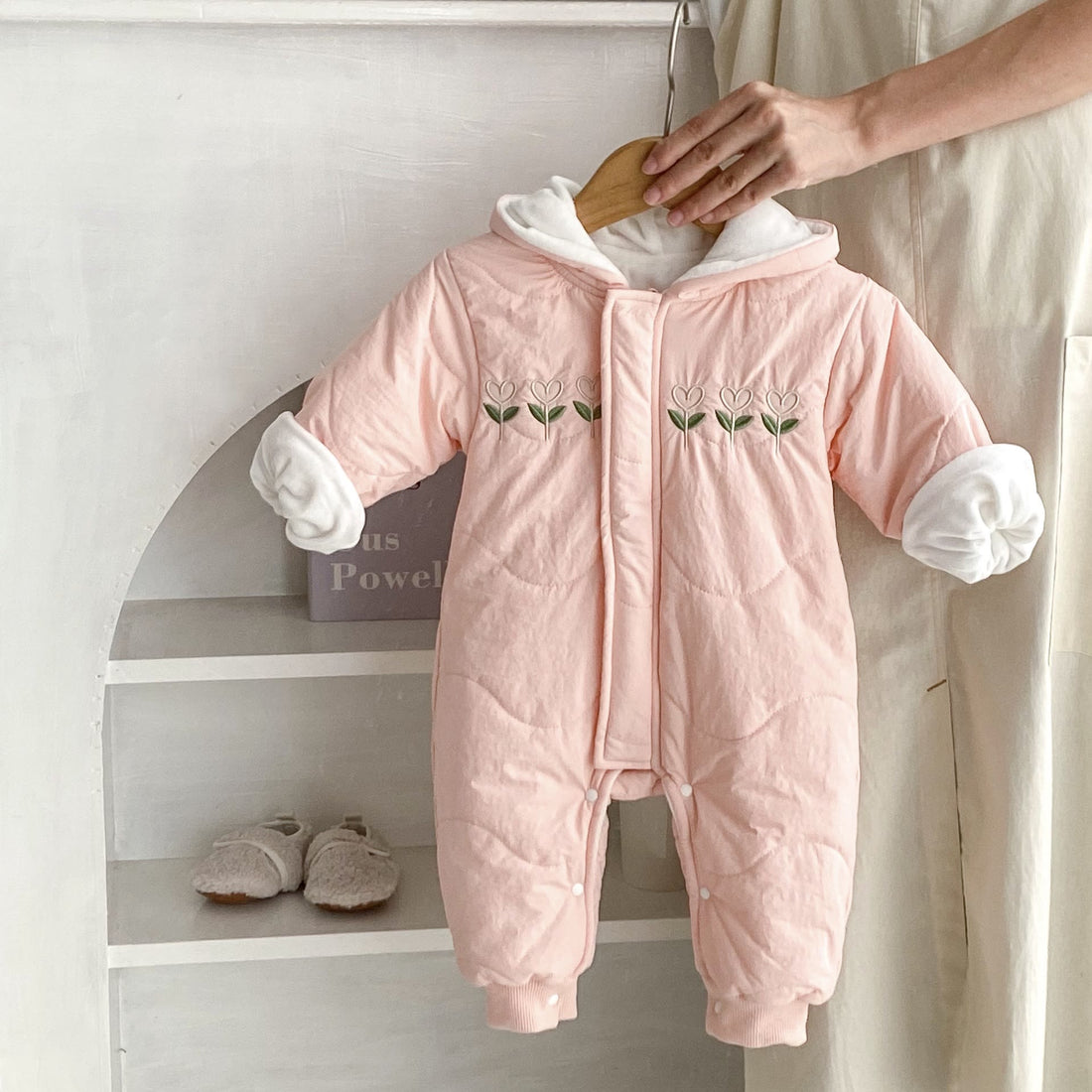 Baby Girl Flower Embroidered Quilted Hooded Romper