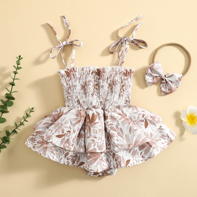 Baby Floral Strap Skirted Bodysuit with Headband