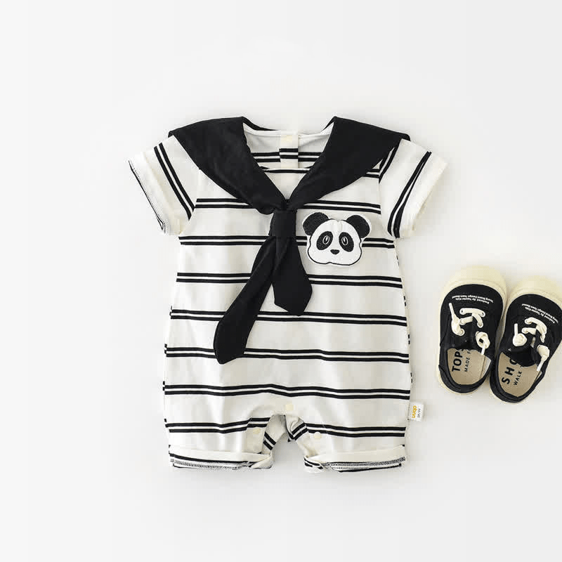 Baby Panda Striped Navy Collar Romper