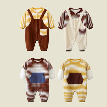 Baby Striped Fake 2pcs Fleece Lined Romper