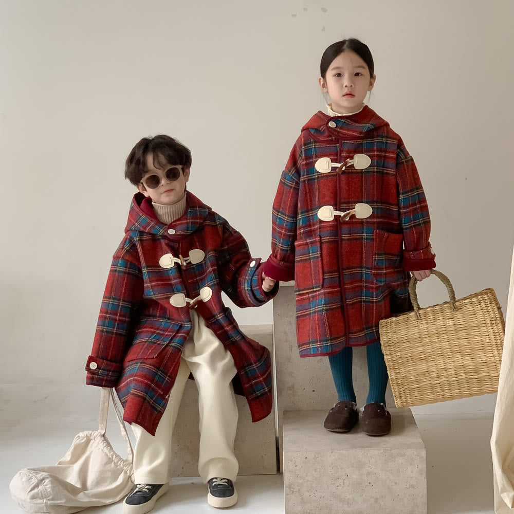 Toddler Red Plaid Hooded Mid-length Coat