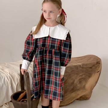 Toddler Girl Red Plaid Collar Retro Style Dress